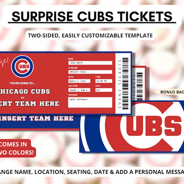 Chicago Cubs Ticket Template | Surprise Event Tickets | Baseball Tickets | Christmas Gifts For Him | Editable Baseball Ticket Wrigley Field