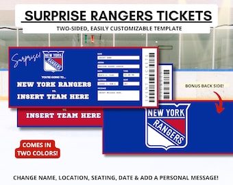 Surprise Hockey Game Ticket Template | New York Rangers Present | Hockey Gifts for Him | Event Ticket | Hockey Mom | Birthday Game | Arena