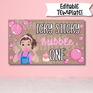 May include: A brown background with a cartoon illustration of a girl blowing a bubble. The text reads "Icky Sticky Bubble ONE" in pink and white. Pink bubbles and a cupcake with a candle are also featured.