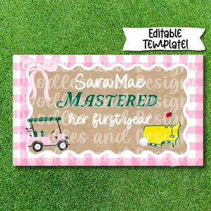Könnte beinhalten: Ein rosa-weißes Vichy-Design mit braunem Mittelteil, mit dem Text "MASTERED" und "her first years". Ein rosa Golfwagen und eine gelbe Karte der USA mit Golfball und Flagge sind ebenfalls abgebildet. Oben steht der Text "Editable Template!".