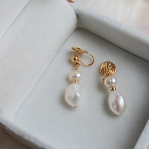 Non-Piercing Clip on Earrings, Double Pearl Drop Earrings, Baroque Pearl Earrings, Bridal Earrings, Wedding Jewelry, Bridesmaid Gifts