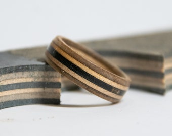 Artisanal 100% Handmade Recycled Skateboard Ring - Grey Center - Upcycled, Minimalist, Personalized, Custom, Simple, Men's Women's Ring