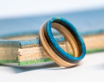 LOW STOCK - Artisanal 100% Handmade Recycled Skateboard Ring - Blue and Black - REAL Skateboards! Water Resistant - Upcycled - All Sizes
