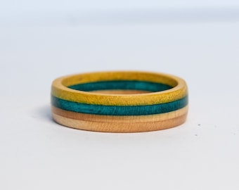 Artisanal 100% Handmade Recycled Skateboard Ring - Yellow and Turquoise - Upcycled, Minimalist, Personalized, Custom, Simple, Men's Ring