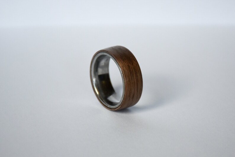 Walnut Bentwood Ring, Stainless Steel Core Artisanal Walnut Ring Handmade Wooden Ring Unique Wedding Band Anniversary Gift Men's image 1