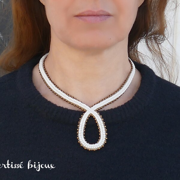Hand-woven necklace with ivory white and bronze Miyuki beads