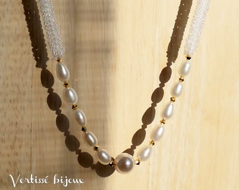 Freshwater pearl and mother-of-pearl necklace hand-woven with Miyuki pearls and stainless steel - Rhinestone clasp.