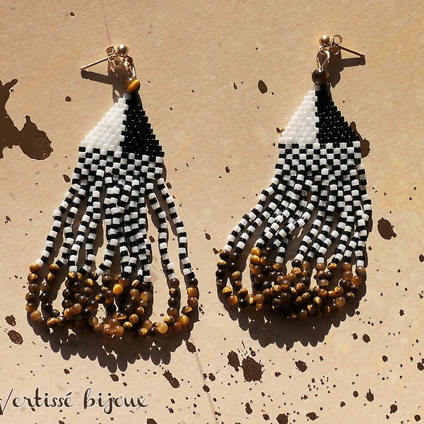 Hand-woven curls with black and white Miyuki Delica beads – tiger’s eye gem fringes.