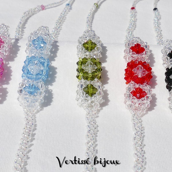 Ras de cou réglable tissé main avec des toupies en cristal Swarovski et des perles Miyuki