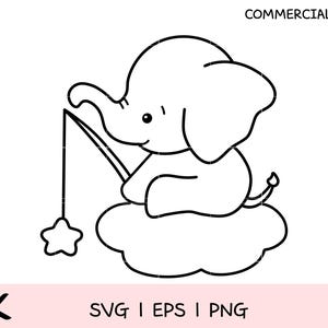 Kolorowanka Słoniątko SVG PNG EPS | Uroczy słoń z chmurką i grafiką liniową do rękodzieła dla dzieci i Cricut
