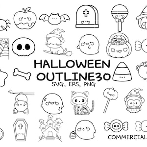 Halloween kawaii clipart set – 30 schattige SVG-, PNG-, EPS-bestanden voor de Cricut en sublimatie