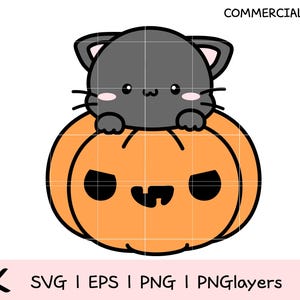 Kawaii Black Cat on Pumpkin SVG | Cute Halloween Clipart PNG EPS for Crafts & Stickers