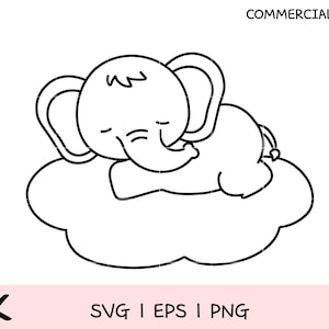 Baby Elephant on Cloud Coloring SVG | Cute Kawaii Animal Line Art PNG EPS | Kids Printable Clipart