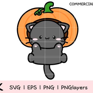 Kawaii Black Cat Hanging on Pumpkin | Cute Halloween SVG Clipart | Sticker & Sublimation Design