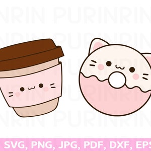 Kawaii Coffee and Donut SVG, taza de café svg, vector de café, cricut cutie svg
