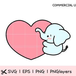 May include: A light blue cartoon elephant embraces a pink heart with a black outline. The image has the text "COMMERCIAL USE" at the top and "SVG | EPS | PNG | PNGlayers" at the bottom. The elephant has a small tail and a pink blush.