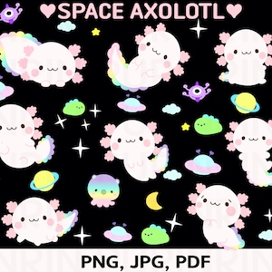 Kawaii Axolotls Clipart, Space Rainbow axolotl, Alien sticker, Axolotl sticker, cute alien sticker, UFO sticker, Planet stickers