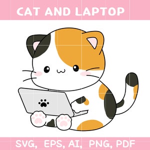 Calico cat with laptop