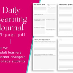 Puede incluir: Un diario de aprendizaje diario imprimible de cuatro páginas. El diario incluye secciones para objetivos de aprendizaje diarios, dar sentido a los conceptos, conectar, contrastar y comparar, y notas.