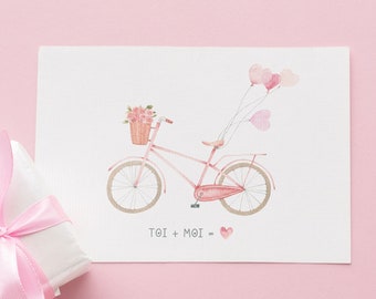 Carte "Bicyclette" (+enveloppe kraft) - Aquarelle - Couple - Amour - Carte personnalisable - Cadeau Saint Valentin