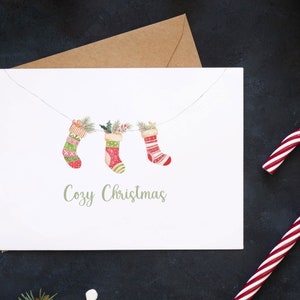 Carte de voeux "Chaussettes de Noël"  (+enveloppe kraft) - Carte de Noël à l'aquarelle - Décoration de Noël - Carte personnalisable