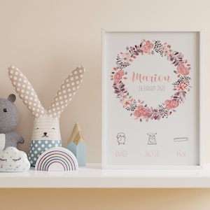 Póster de nacimiento para personalizar - Corona de flores en acuarela - Póster de acuarela para bebé