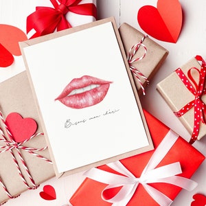 Carte "Bisou"  (+enveloppe kraft) - Aquarelle - Bisou - Je t'aime - Carte personnalisable - Cadeau Saint Valentin