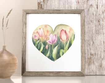 Tulip heart - Fine art poster 20x20cm - Watercolor flowers - Art print
