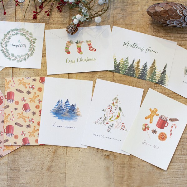 Lot de 10 Carte de voeux  (+enveloppe kraft) - Carte de Noël aquarelle - Carte cadeau de noel fait main - Décoration de Noël