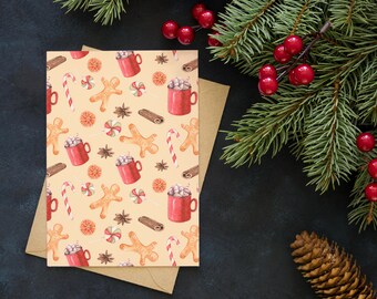 Greeting card "Motif Gourmandises" (+kraft envelope) - Watercolor - Stationery - Christmas card - Customizable card