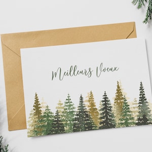 Carte de voeux "Forêt de sapins" (+enveloppe kraft) - Carte de Noël aquarelle - Tons verts - Carte personnalisable fait main