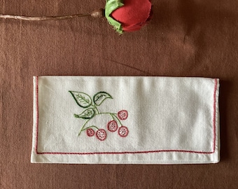 Napkin cover Antique hand-embroidered linen napkin cover with raspberry antique linen and lace
