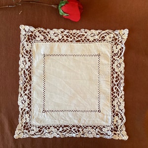 Tablecloth antique hand embroidered linen tablecloth with lace edge French antique linen and lace