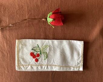 Napkin cover Antique hand-embroidered linen napkin cover with cherry French antique linen and lace