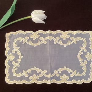 Tablecloth Antique hand-embroidered tablecloth made of batiste with special embroidery with yellow fabric French antique linen and lace