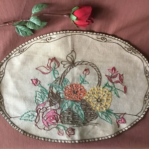 Tablecloth Antique hand embroidered linen tablecloth with flower basket from the 30s. French antique linen and lace