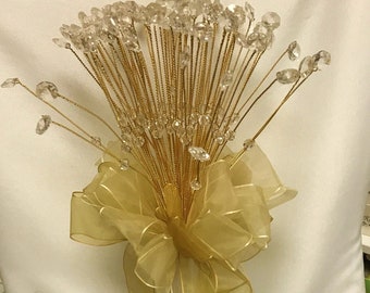Gold & Crystal Bouquet-Gorgeous-A Bouquet to Last a Lifetime- Real Crystals-75 Double Crystal W Gold Twisted Metal Stems-Gold Organza Ribbon
