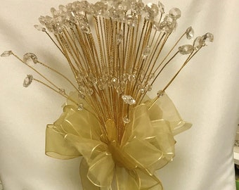 Real Crystal & Gold Bouquet- Gorgeous- A Bouquet to Last a Lifetime- Real Crystals - 75 Double Crystal Gold Stems with Gold Organza Ribbons-