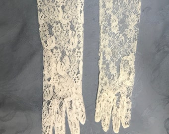 Long Fingered Gloves- 2 Styles of Opera Length Lace-Nylon-In White & Ivory-Elegant Lace Gloves for Weddings, Proms, Events