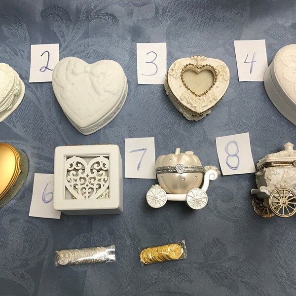 Arras Coin Sets-Wedding Ceremony Coins-8 Styles-Gold or Silver Coins-Heart Boxes w Roses, Doves, Frame, Fabric, Gold-Box w Heart-Coach Boxes