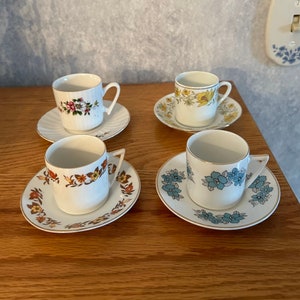 Demitasse Cup and Saucer Sets-4 Styles From the 90s-Yellow Daffodils-Blue-Rust & Yellow Blossoms-Rose and White Flowers-Great Favor-Espresso