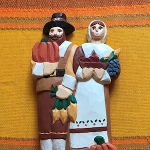 Thanksgiving & Fall Decorations-New Vintage from Midwest Importers-Standing Thanksgiving Pilgrims-Wreath-Turkey Plaque-Pilgrim Basket