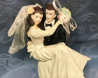 Bride and Groom Figure- Musical Vintage Westland New Condition Bride & Groom Cake Topper Keepsake-Groom Carrying Bride-Gorgeous Ivory Dress