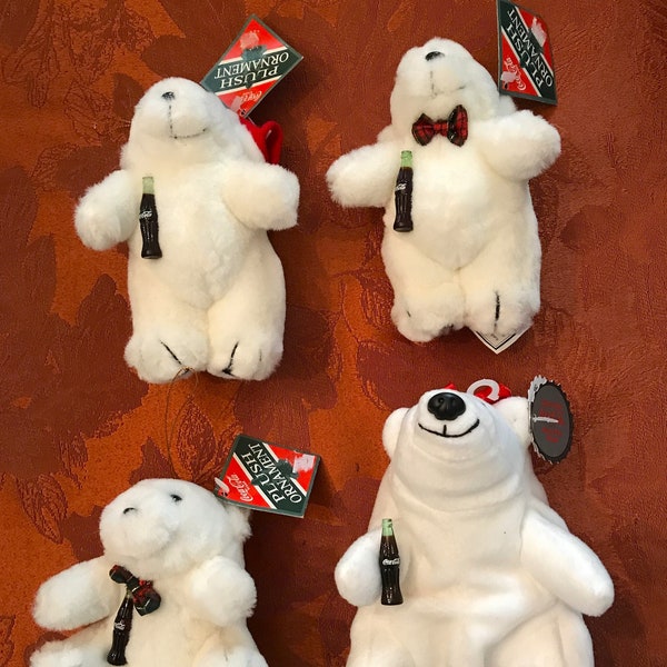 Coca Cola Bears-Ornaments-Plush  Polar Bears from 90s-New Vintage from Gift Shop-All Have Coca Cola Bottle & Tags-Great Collectible-Perfect