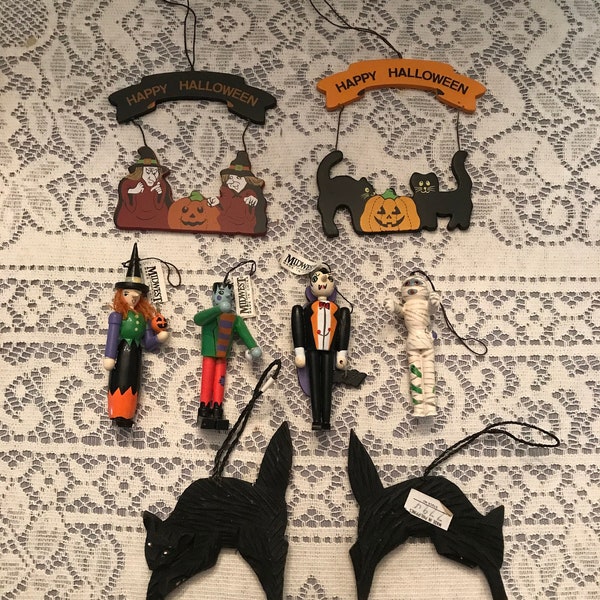 Halloween Ornaments 7 Styles-Midwest Importers & Mangelsens- Witches and Black Cat Ornaments-Carved Black Cat-Vampire-Frankenstein-Mummy