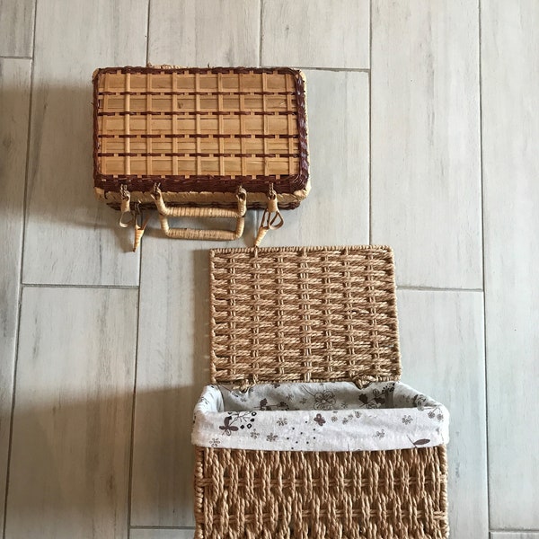 Vintage valises en osier-panier pique-nique-3 styles-parfait état des années 90-idéal pour faire des paniers-cadeaux-pâques-solide-2 ton verni