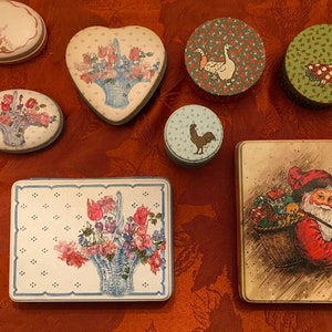 Vintage Tins From Potpourri Press-8 Styles 80s-Perfect Condition-Rose Tin w Sachet & Soap-Blue Basket 3 Shapes-Heart-Pig-Rooster-Bunny