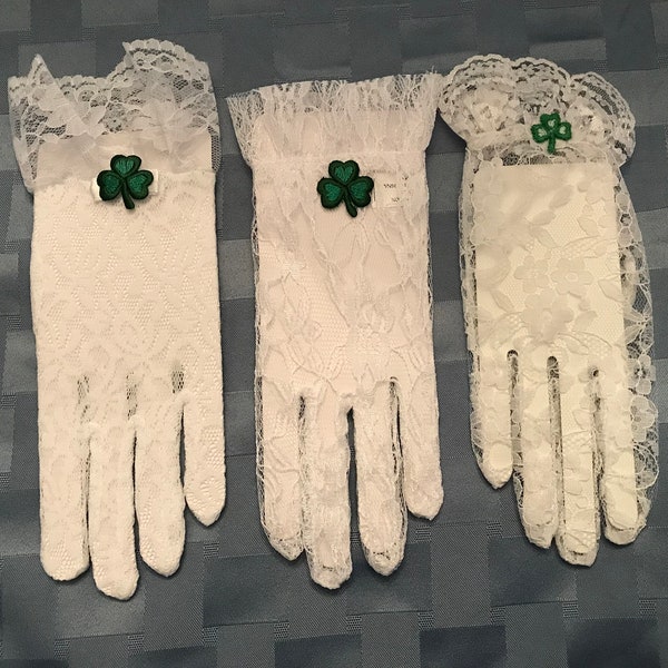 Gants en dentelle pour filles trèfle irlandais - Gants pour filles en dentelle pour première communion ou première communion en dentelle pour filles, pour 7-14 et 3-6 ans - Dentelle extensible et nylon avec nœud