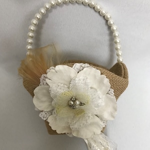 Flower Girl Rustic/Country Baskets-3 Rustic Styles-Burlap Covered-Pearl Handle-Moss Heart-Unique 1 of Each-Perfect for Rustic Style Wedding