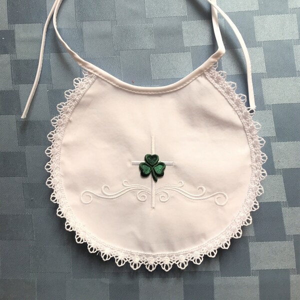 Irish and Non-Irish Baby's Baptism Bibs and Onesie-Satin & Cotton Bibs with Embroidered Cross, Plain Cross-Onesie w Shamrocks- Great Gifts